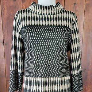 Anthropologie Uncle Frank L Black Tan Chevron Retro Mod Shift Dress 3/4 Sleeve